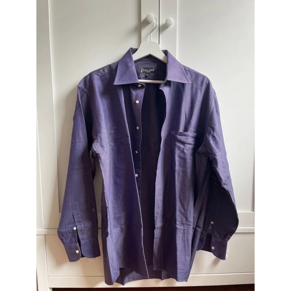 Celine Homme Mens Purple Micro Pattern Button Down‎ Dress Shirt Size 41 16 L